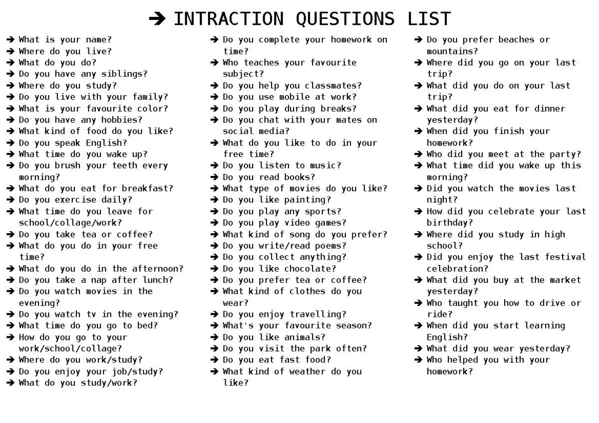 INTRACTION QUESTIONS LIST for ESL Learners - 1000 Vocab - Studocu