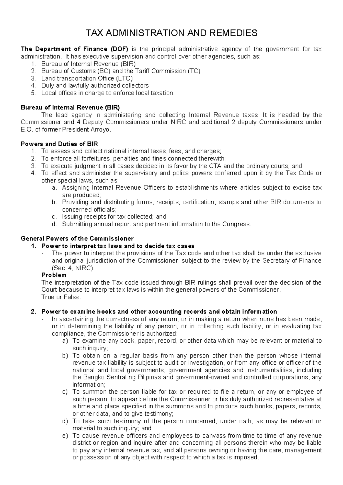 Tax Administration Lecture Notes: Understanding BIR Powers and ...