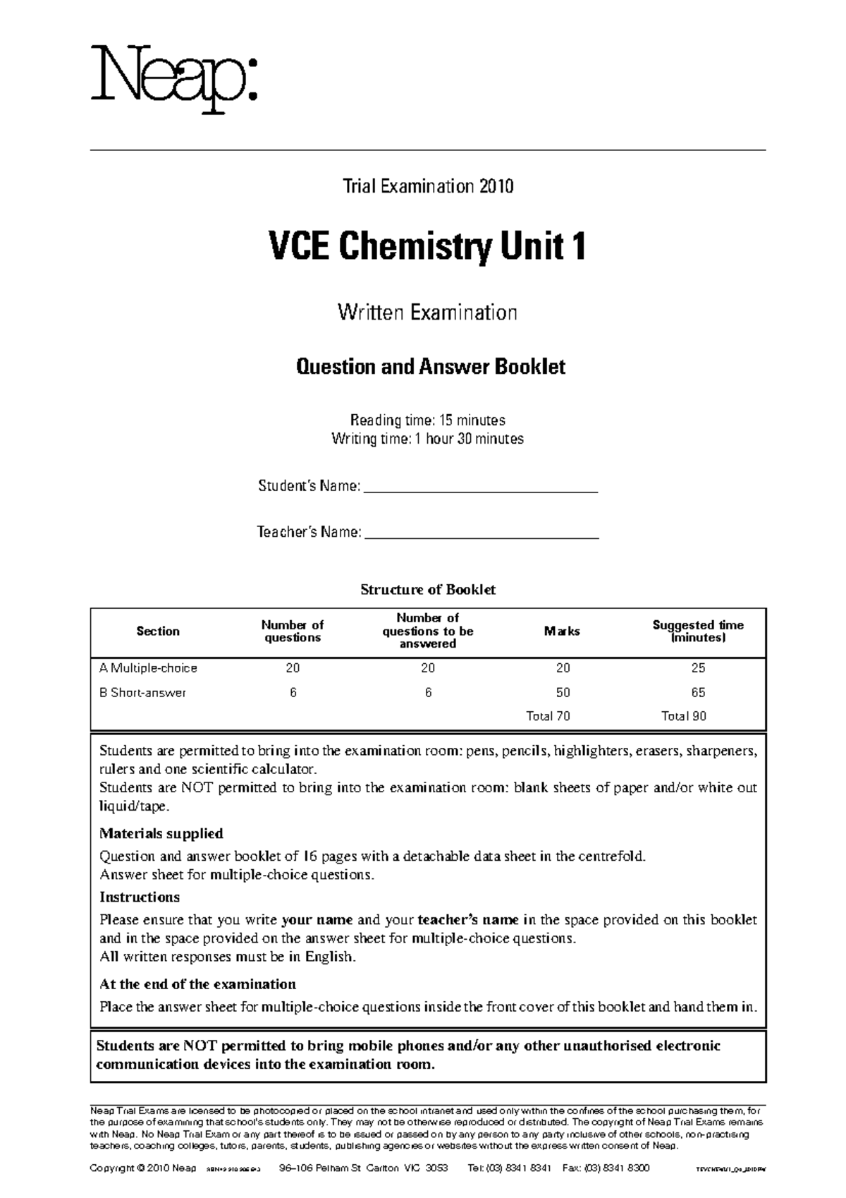 VCE Chemistry Unit 1 Trial Exam Question & Answer Booklet 2010 - Studocu