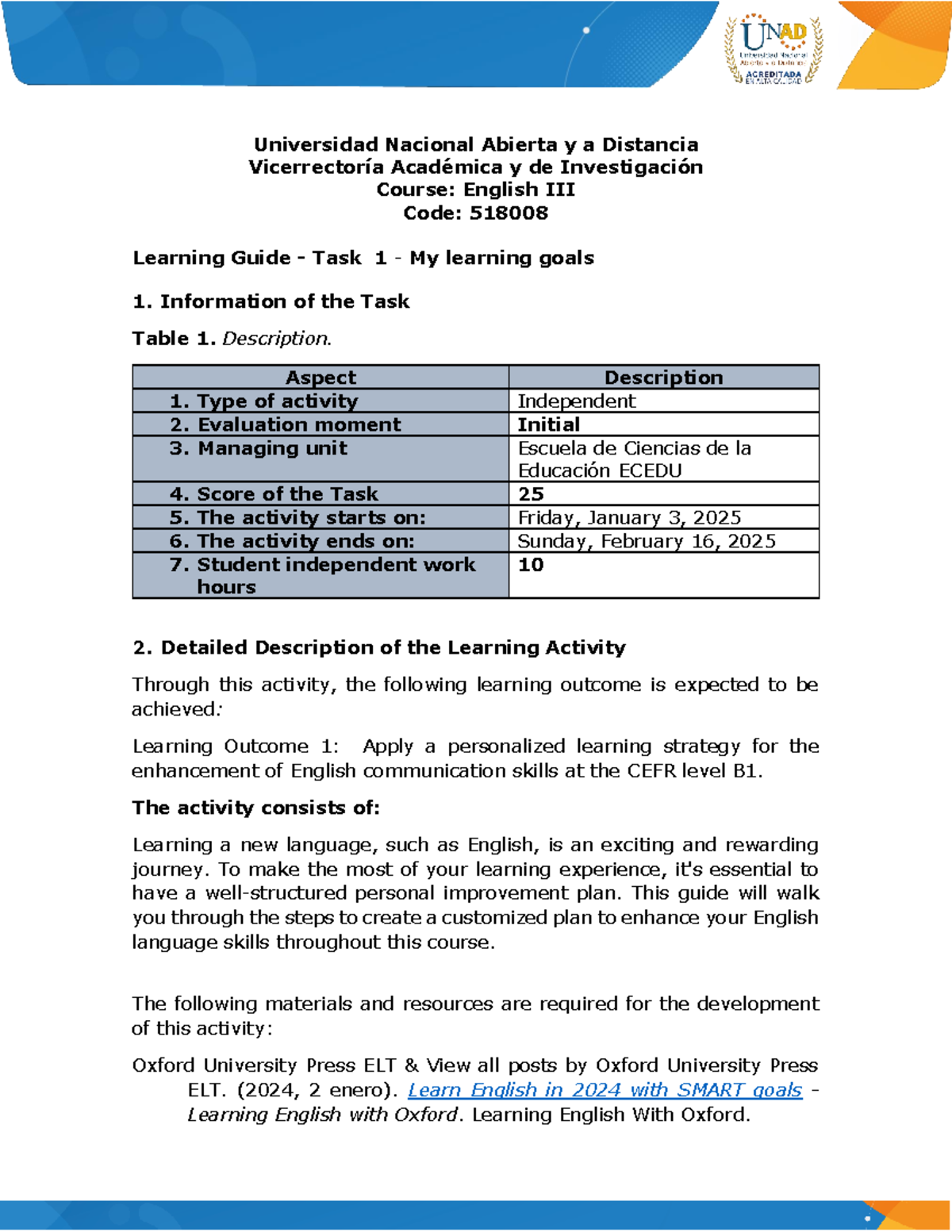 Learning Guide for Task 1: English III (518008) - My Learning Goals ...