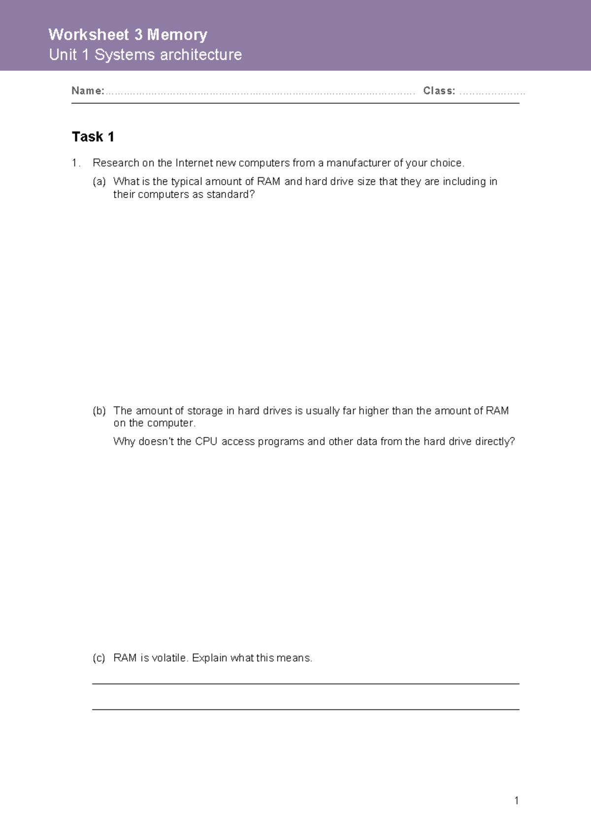 RAM assignment sheet- Computer Online - Worksheet 3 Memory Unit 1 ...
