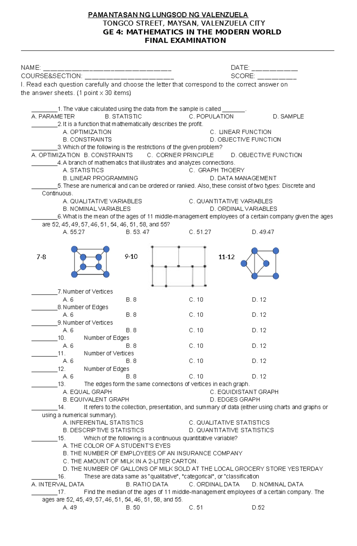 Final Exam GE 4: Mathematics in the Modern World - MMW - Studocu