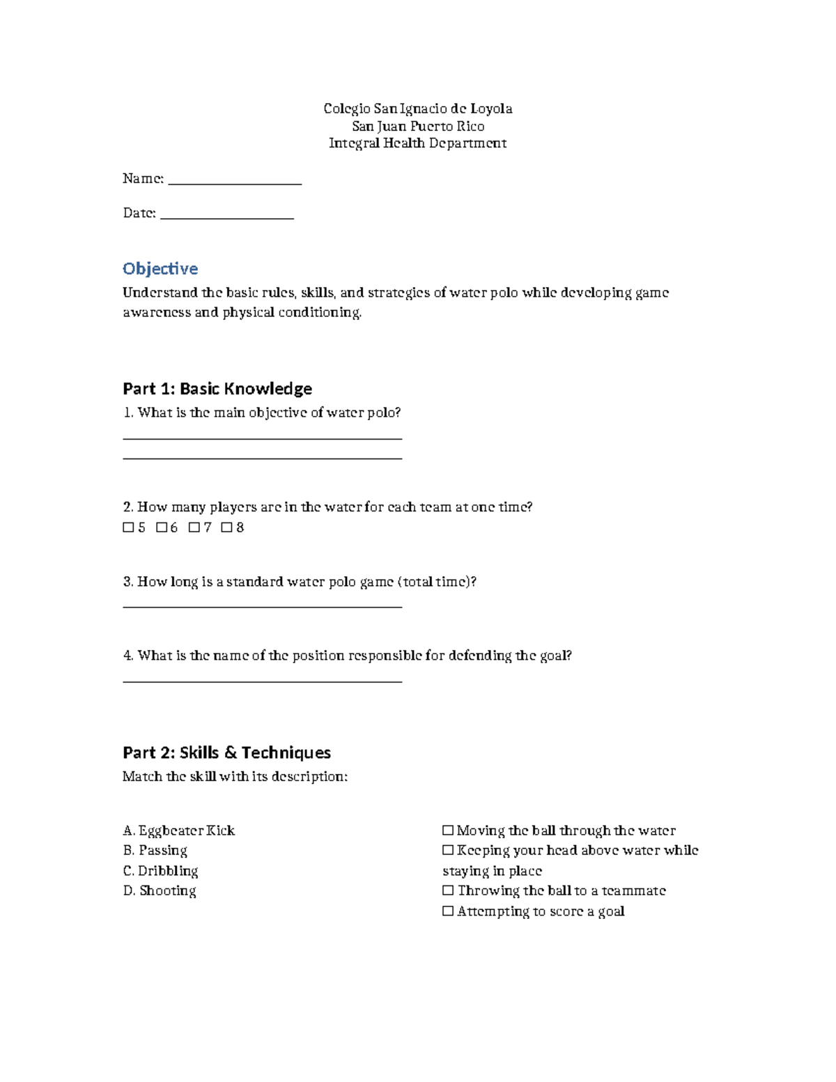Water Polo Skills & Strategies - Colegio San Ignacio de Loyola - Studocu