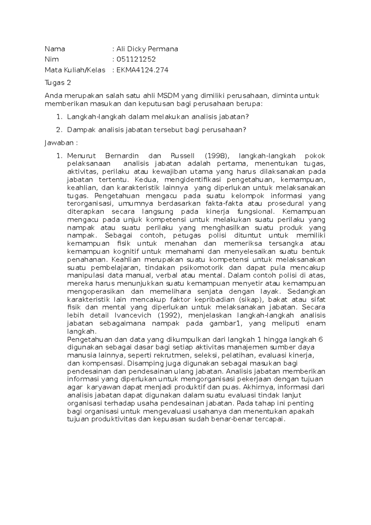 Tugas 2 Analisis Jabatan di EKMA4124 - MSDM oleh Ali Dicky Permana ...