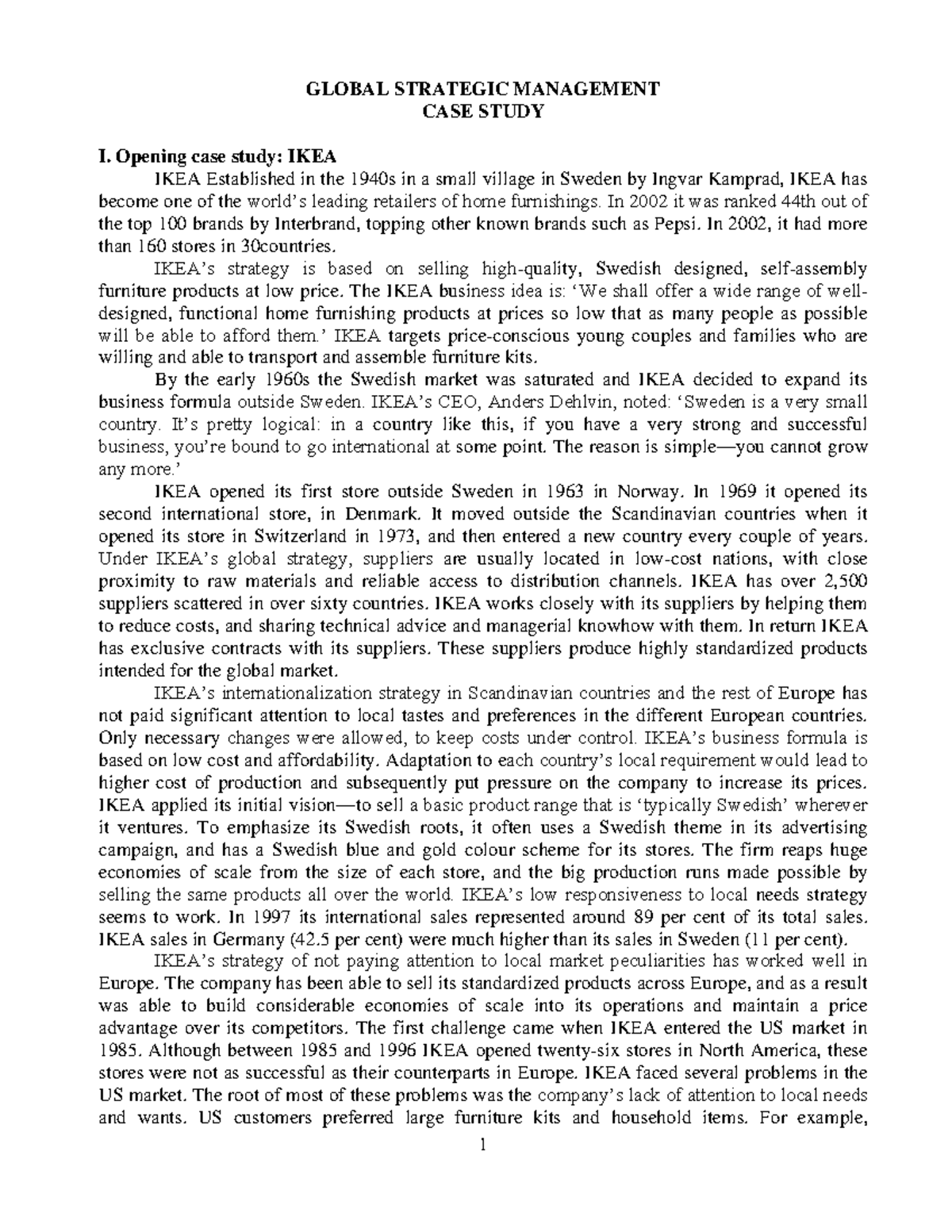 1-Case Study on Global Strategic Management: IKEA & Starbucks - Studocu