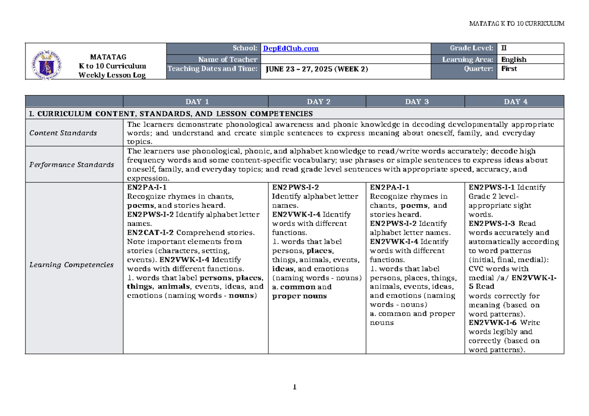 DLL Matatag English 2 Q1 W2 Weekly Lesson Log - Studocu