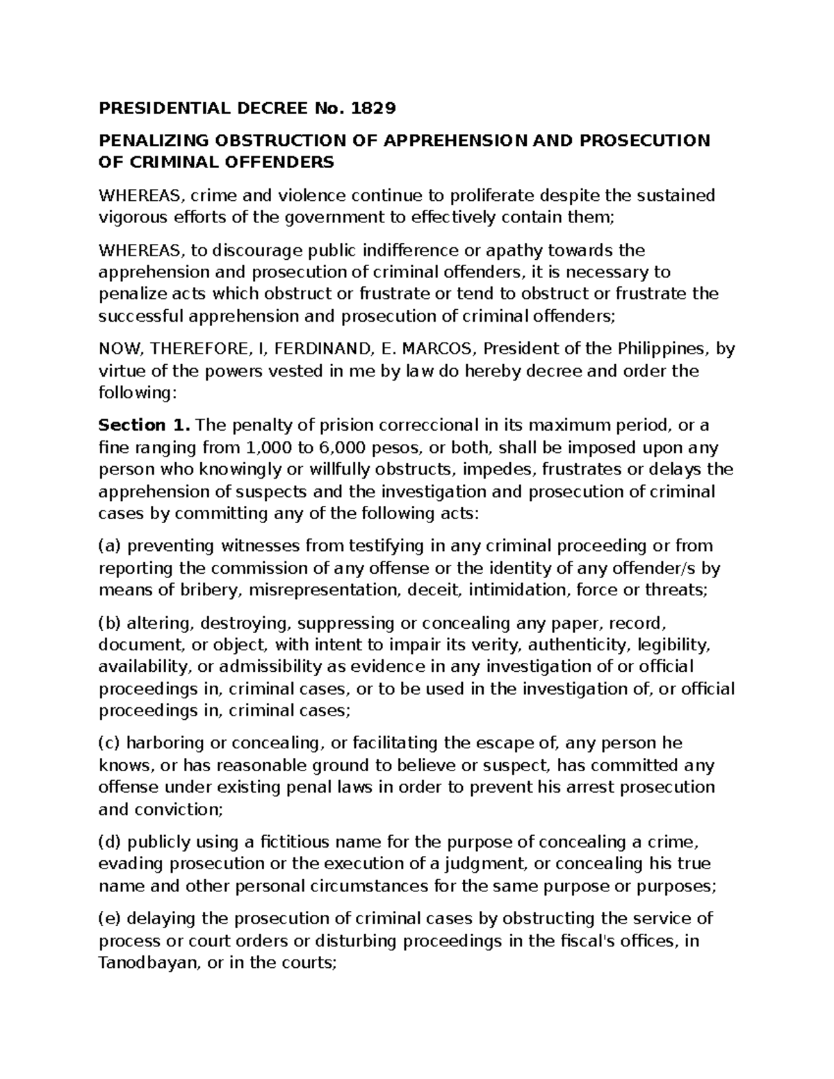 Obstruction of Justice Law or PD 1829 2 - PRESIDENTIAL DECREE No. 1829 ...