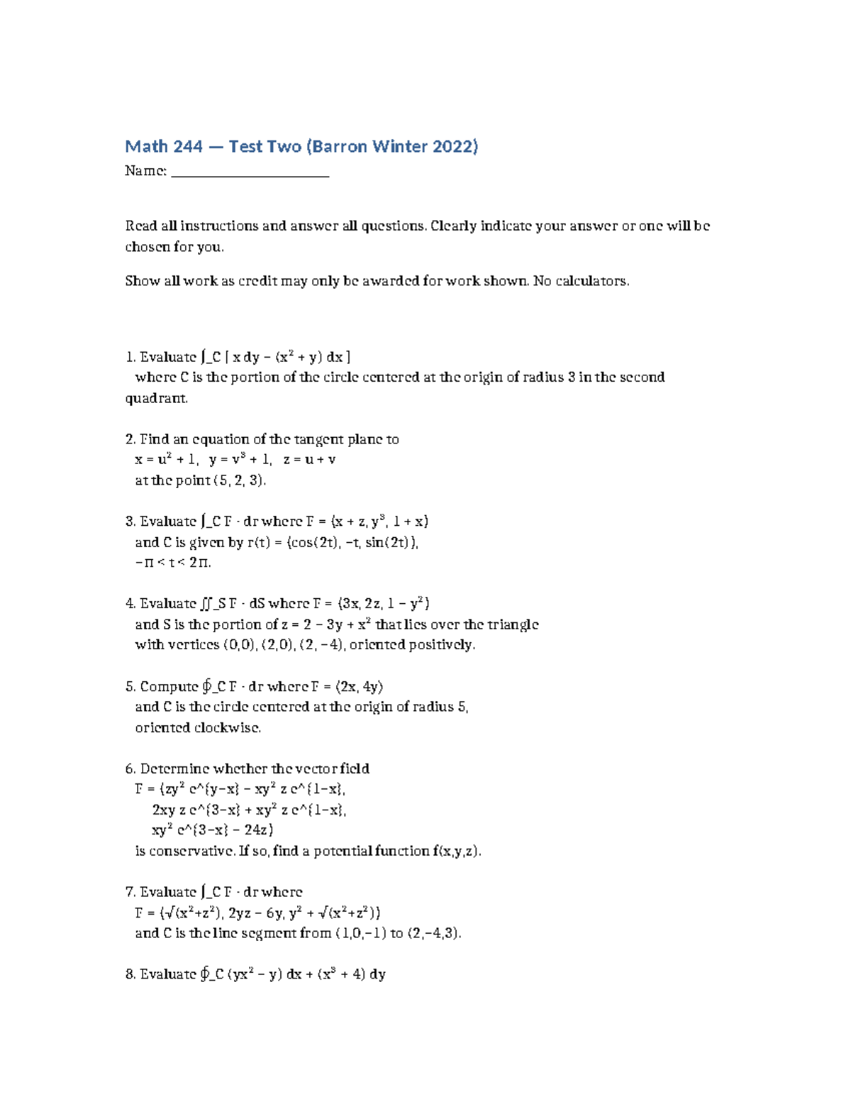 Math 244 Test 2 (Barron Winter 2022) - Clean Version - Studocu