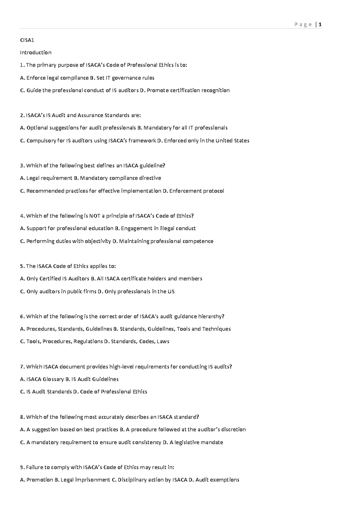 CISA1 - Code of Professional Ethics Overview and Key Principles - Studocu