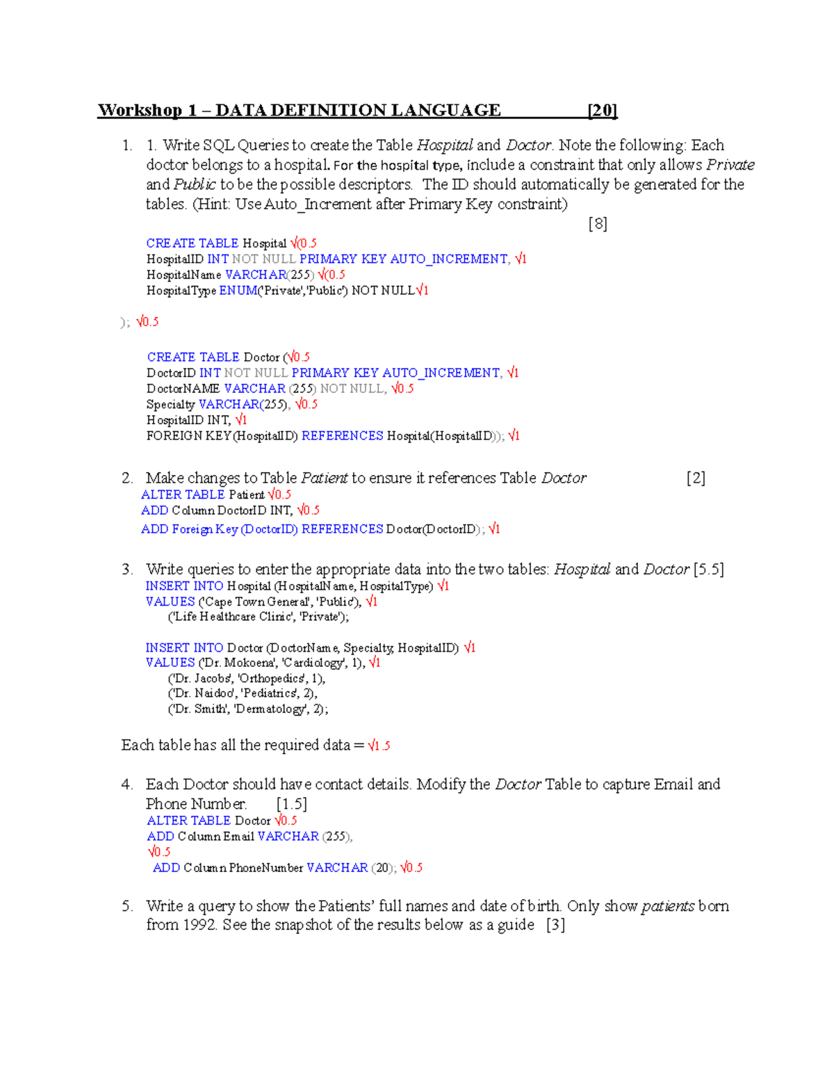 INF2007F: Workshop 1 SQL Queries and Data Definition Language - Studocu