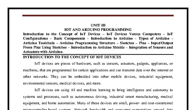 CS3691-EIOT: Unit 1 - Introduction to IoT & Arduino Programming - Studocu