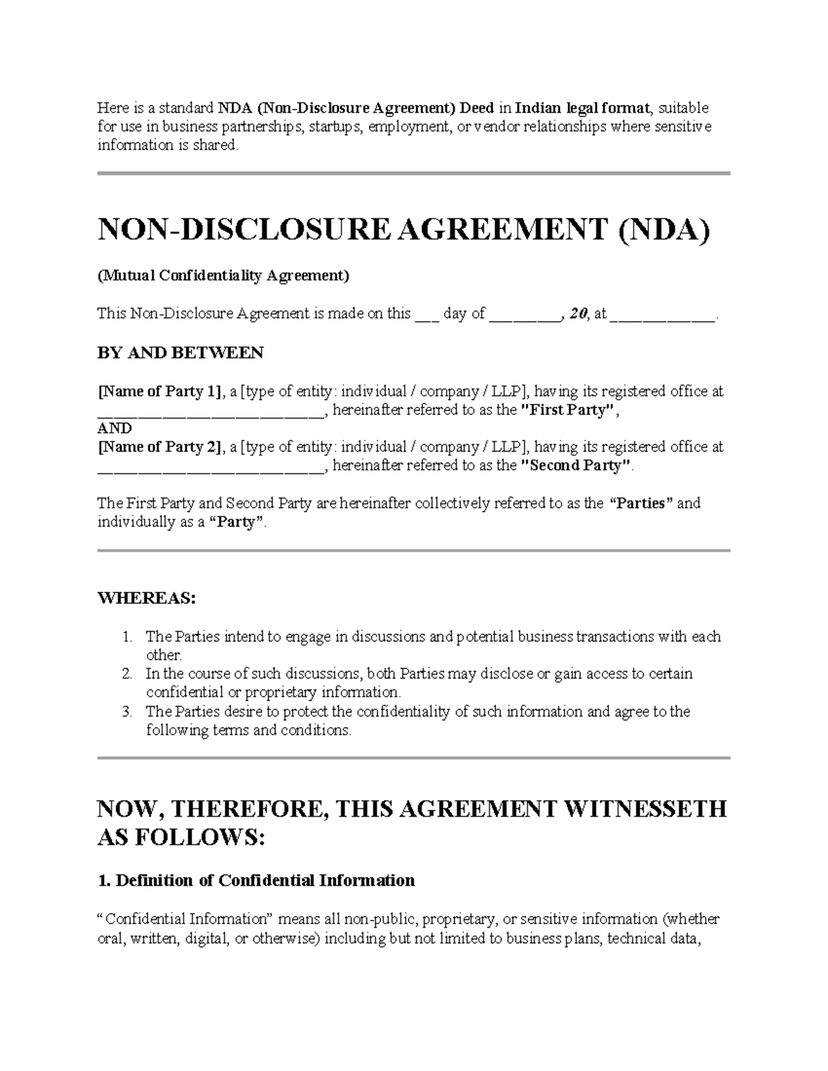 NDA Agreement Template for Business Partnerships and Startups - Studocu