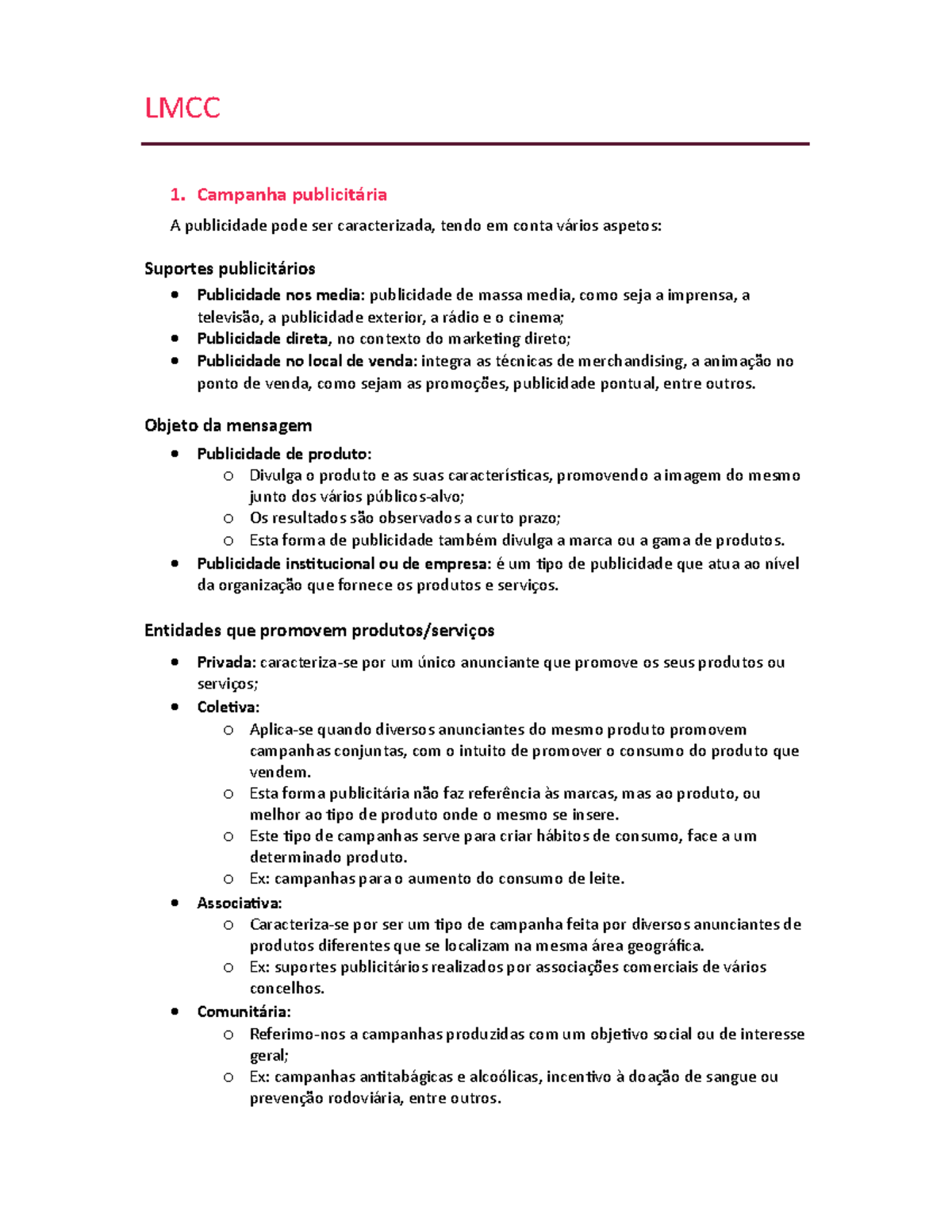 Resumos LMCC 2º Período - LMCC 1. Campanha publicitária A publicidade ...