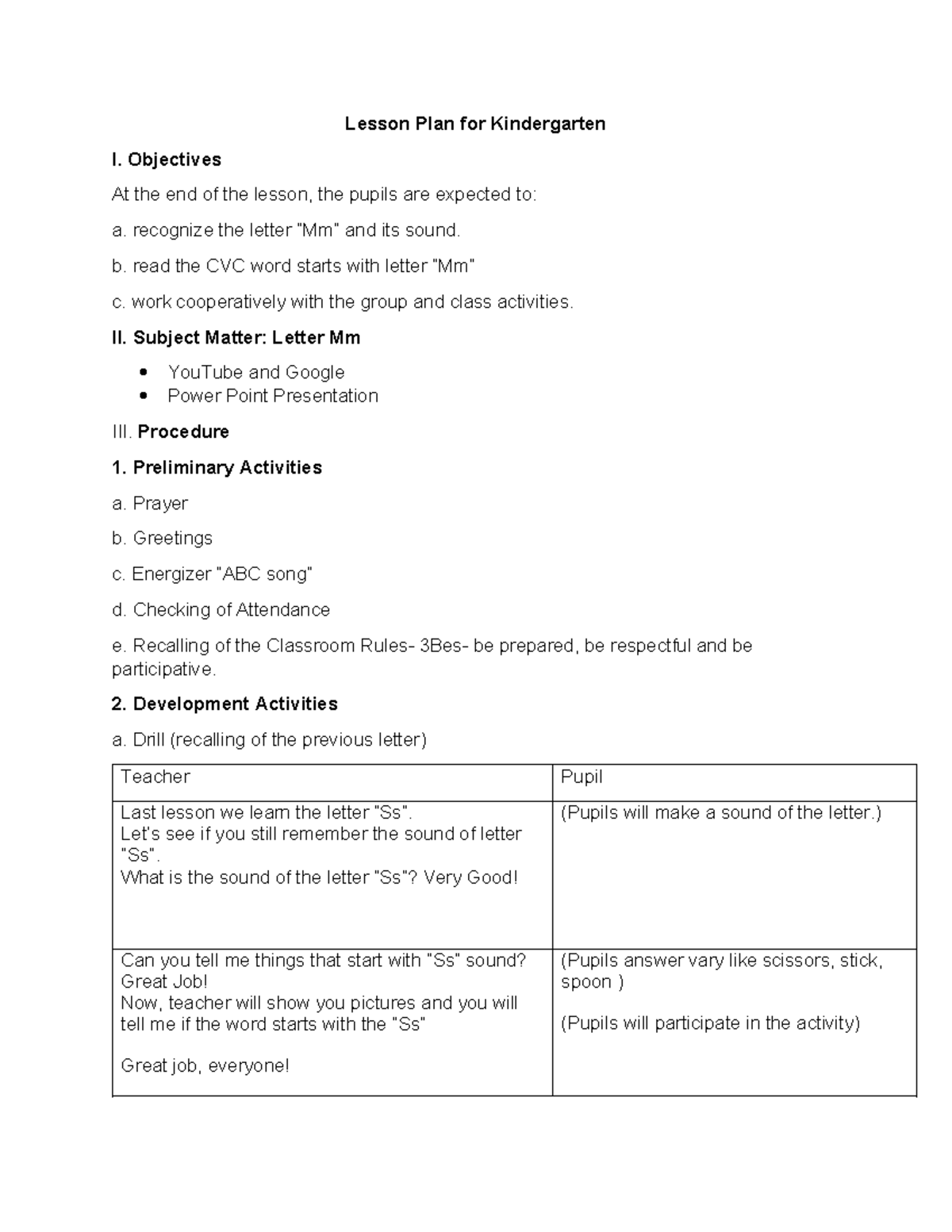 Lesson Plan for Kindergarten I: Learning Letter Mm and CVC Words - Studocu