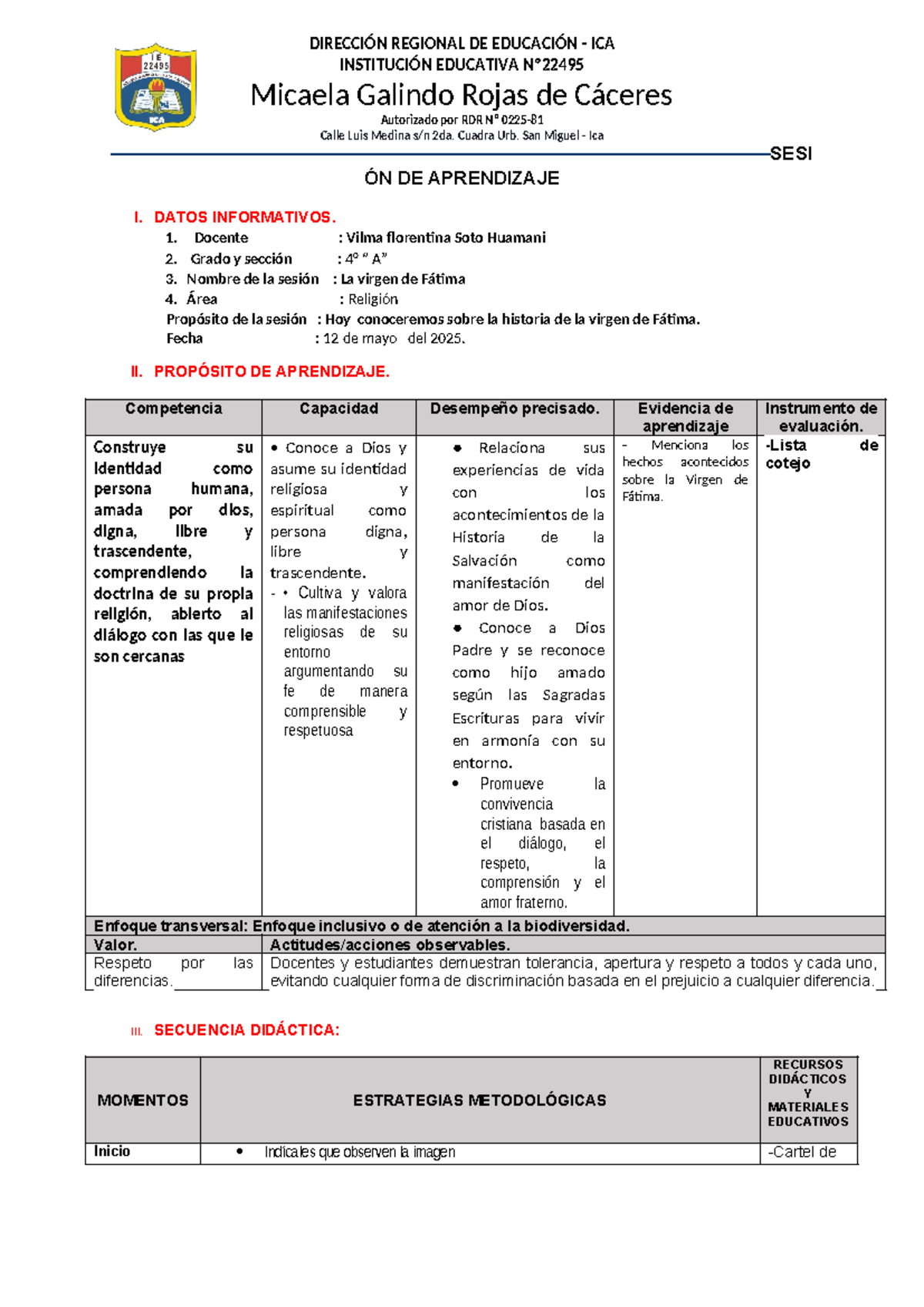Sesión de Aprendizaje sobre la Virgen de Fátima - Religión 4°A - Document Preview