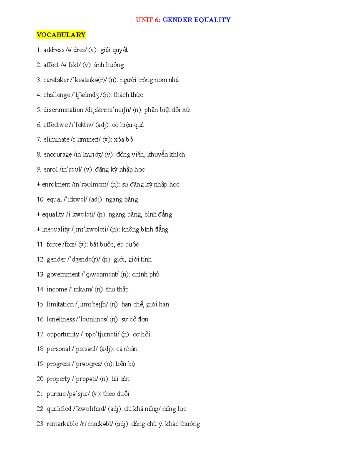 UNIT 6: GENDER EQUALITY - Vocabulary & Grammar Notes - Studocu