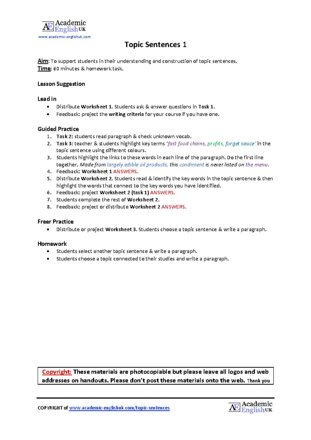 Topic Sentences Lesson Plan AEUK - Idiomas - Studocu