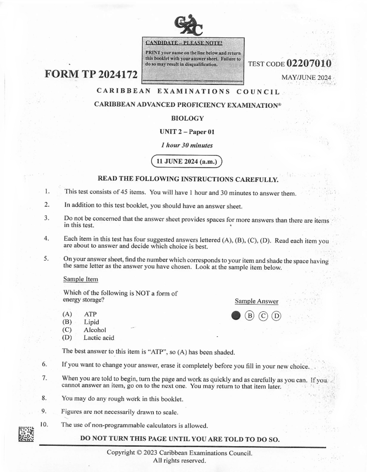 CAPE Biology 2024 Unit 2 Paper 1 Instructions and Questions - Studocu