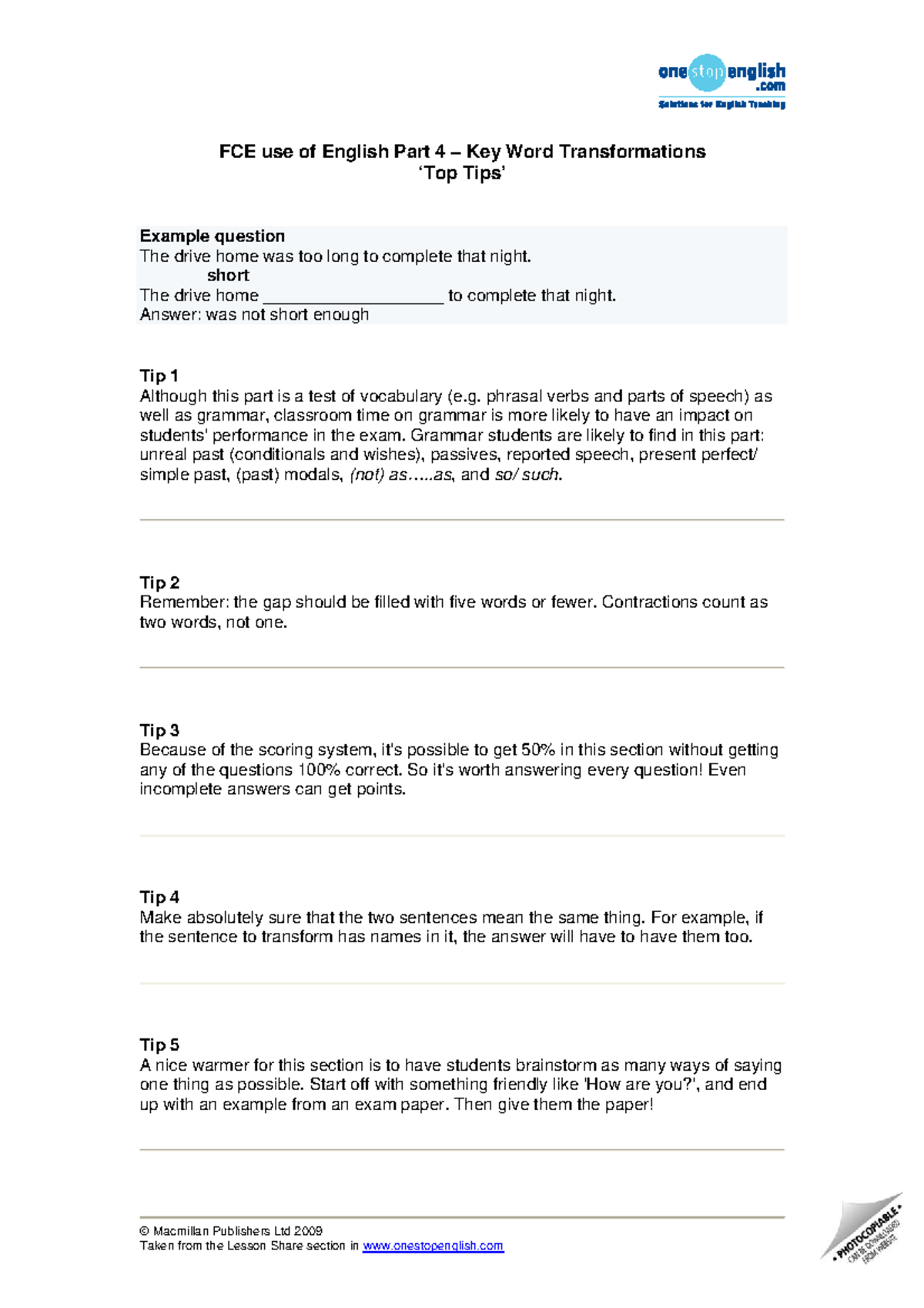 Tips for Key Word Transformations - FCE use of English Part 4 – Key ...