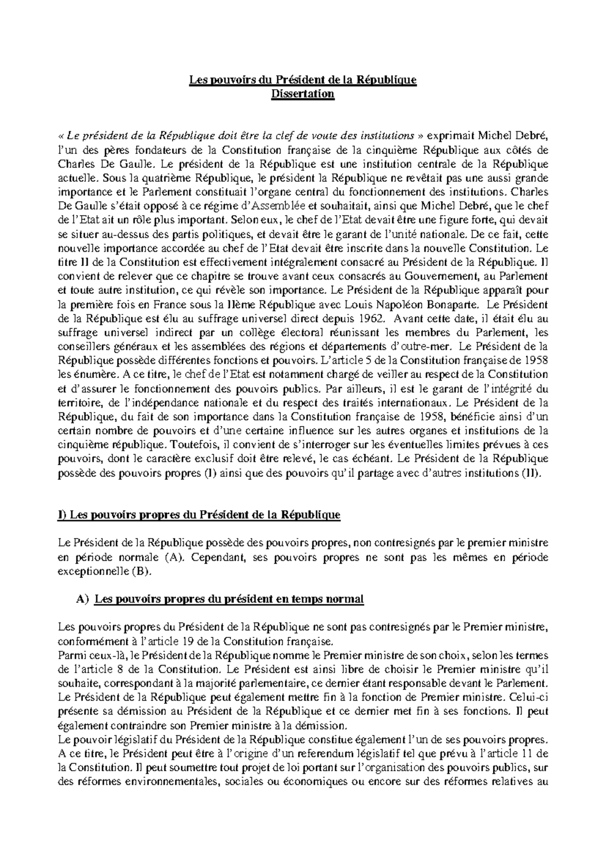 Dissertation - Pouvoirs du President de la République - Les pouvoirs du ...
