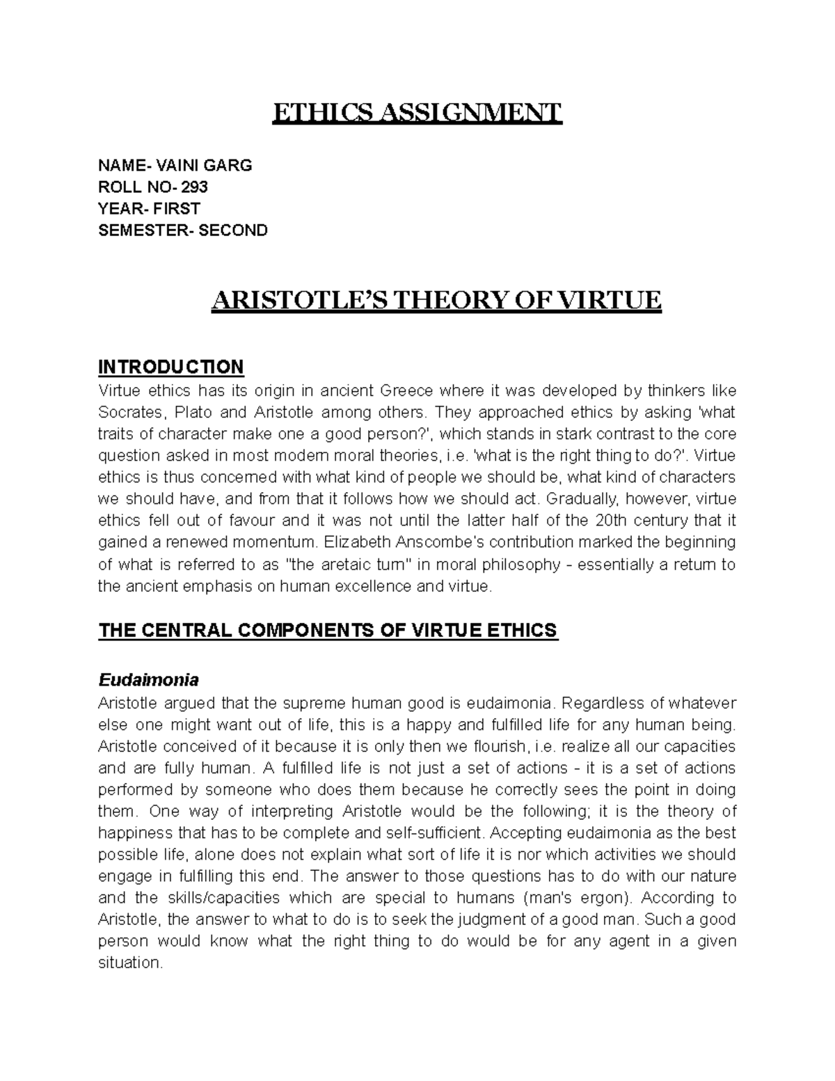 Ethics Assignment philo - ETHICS ASSIGNMENT NAME- VAINI GARG ROLL NO ...