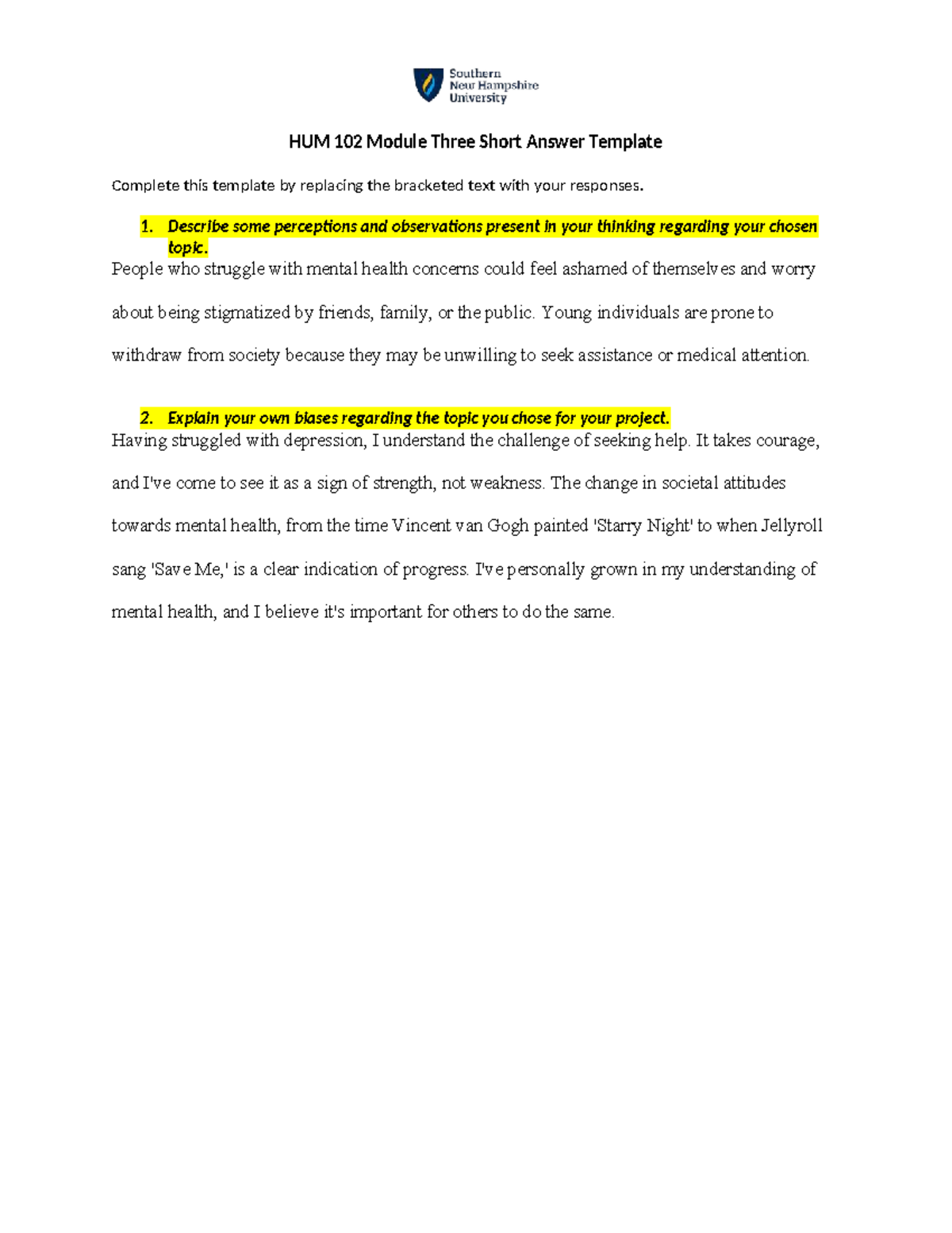 HUM 102 Module Three Short Answer on Mental Health Perspectives - Studocu