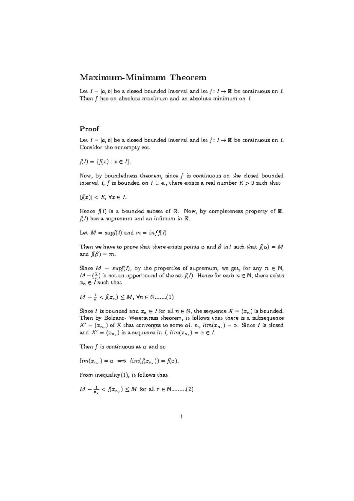 Max-Min Theorem Proof for Continuous Functions on [a, b] - Studocu
