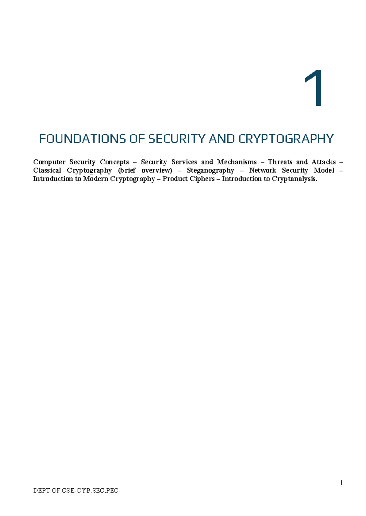 Foundations of Security and Cryptography: Unit 1 Class Notes - Studocu