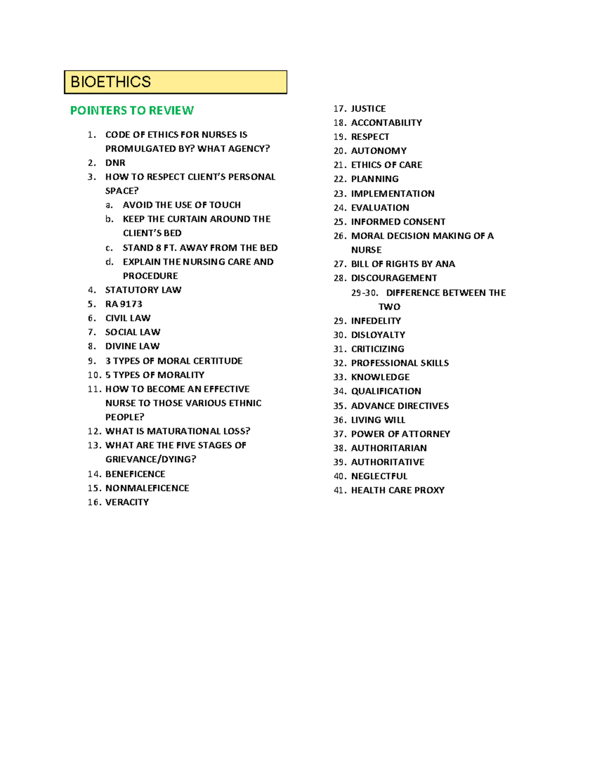 Bioethics - BIOETHICS POINTERS TO REVIEW 1. CODE OF ETHICS FOR NURSES ...
