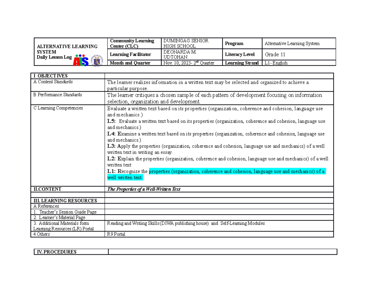 LS 1 English - Daily Lesson Log for Grade 11 Literacy Skills - Studocu