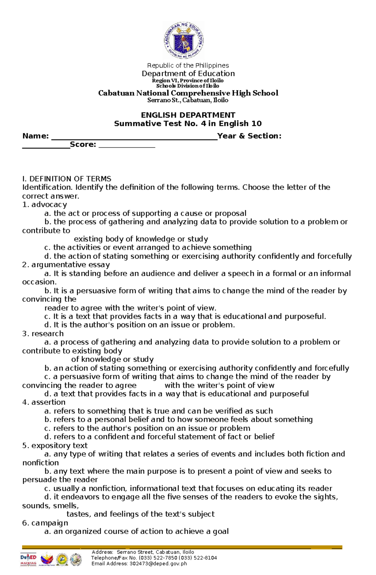EN10 Summative Test No. 4: Definitions & Key Terms Review - Studocu