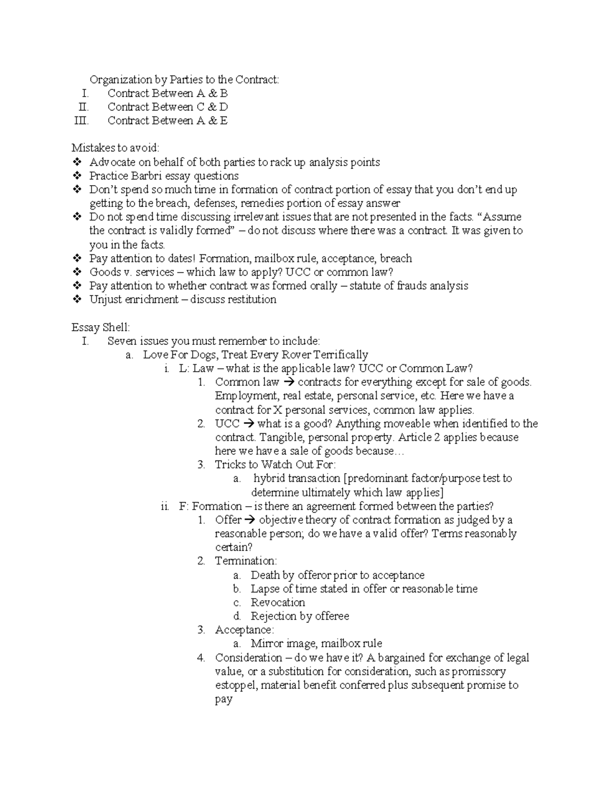 Contracts Essay Strategy - Organization by Parties to the Contract: I ...