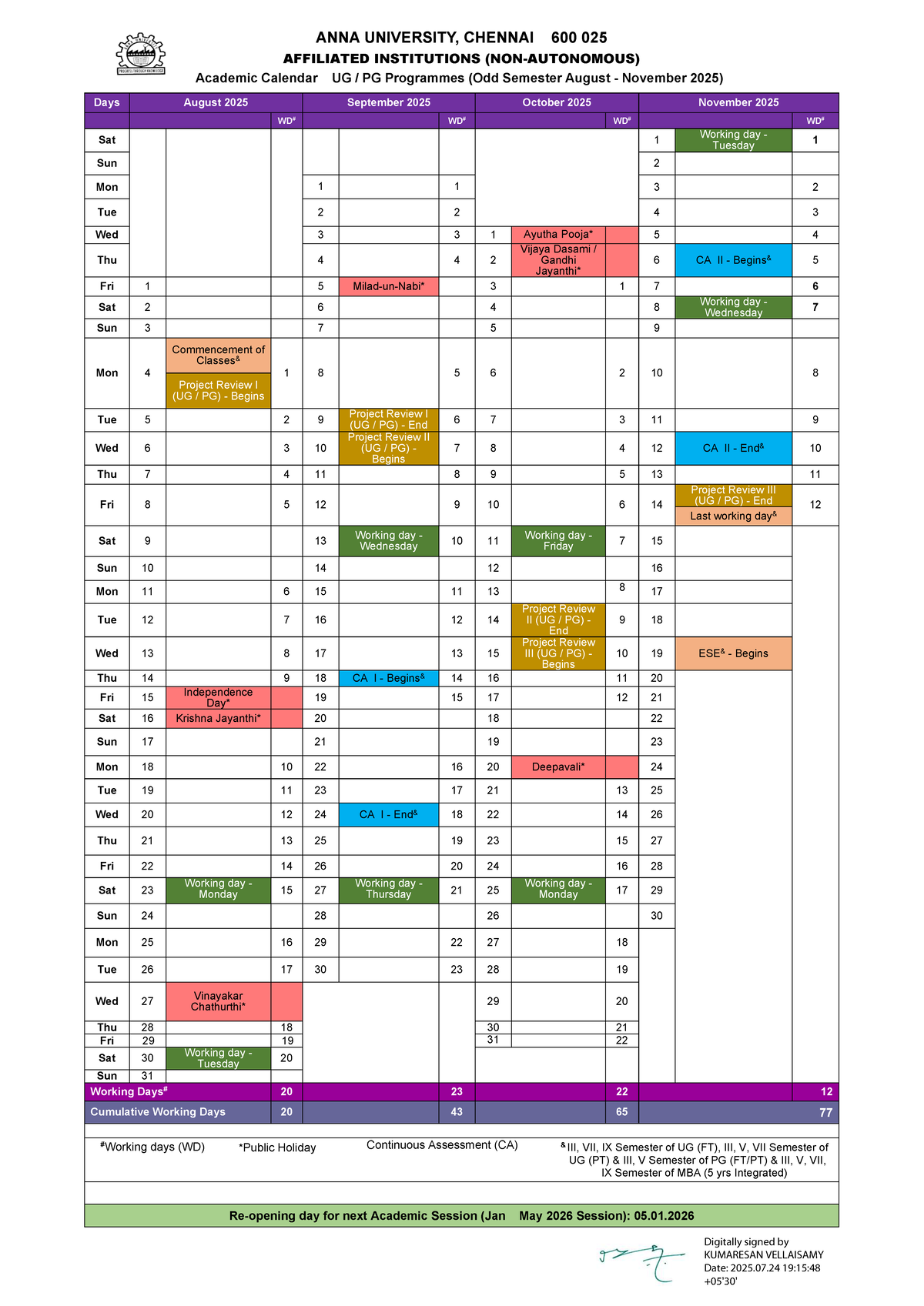Anna University Academic Calendar for UG & PG Programmes (Odd Sem 2025 ...