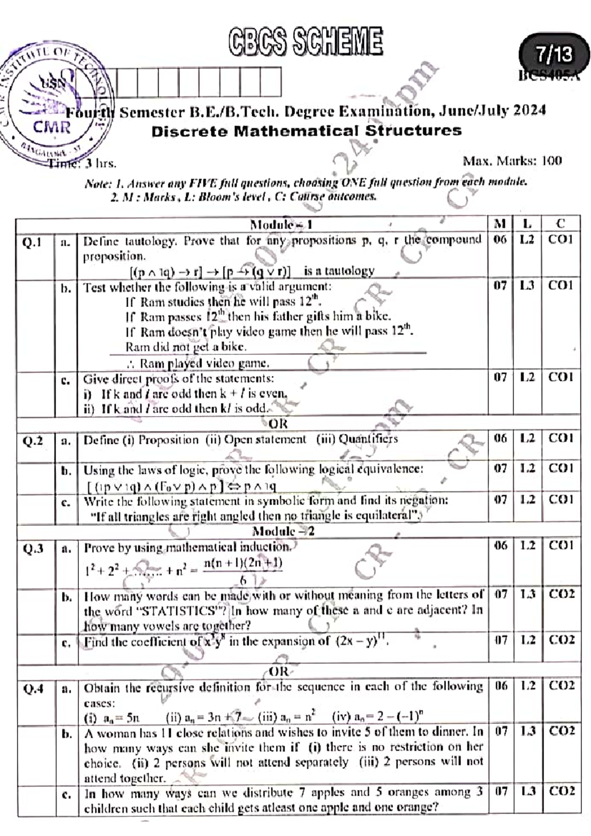 DMS BCS405A Fourth Semester Discrete Mathematical Structures Exam ...