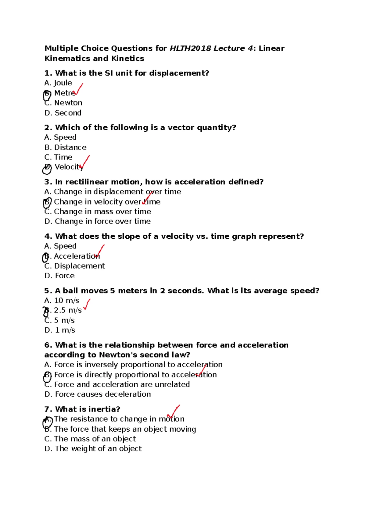 Mid Semester Exam - Notes on Kinematics & Kinetics in Biomechanics 2024 ...