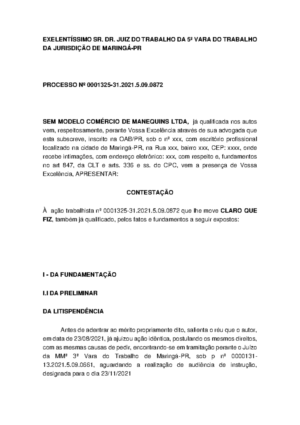 Contestação em Ação Trabalhista nº 0001325-31.2021.5.09 - SEM MODELO COMÉRCIO  - Document Preview