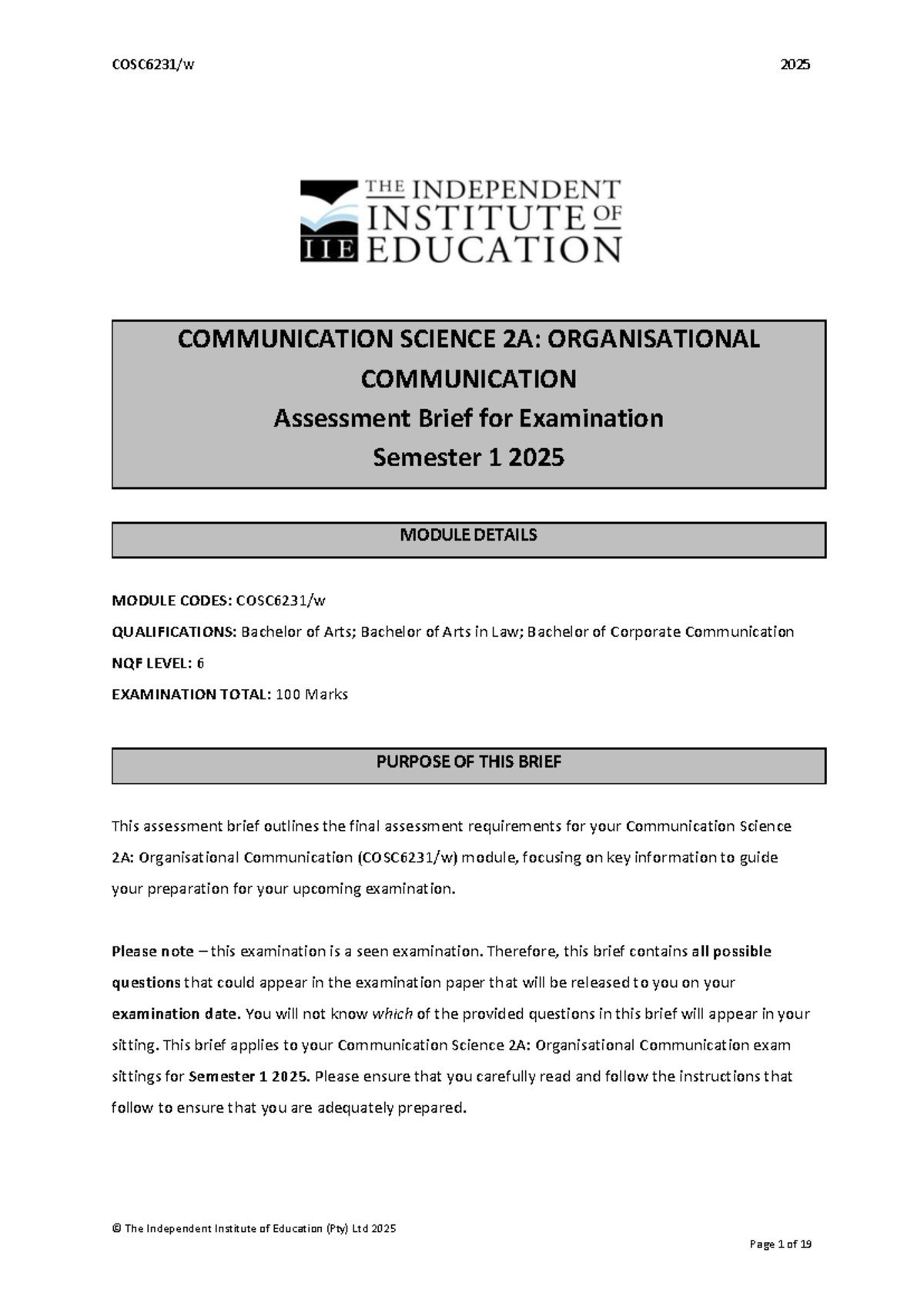 COSC6231: Final Exam Brief for Communication Science 2A ...