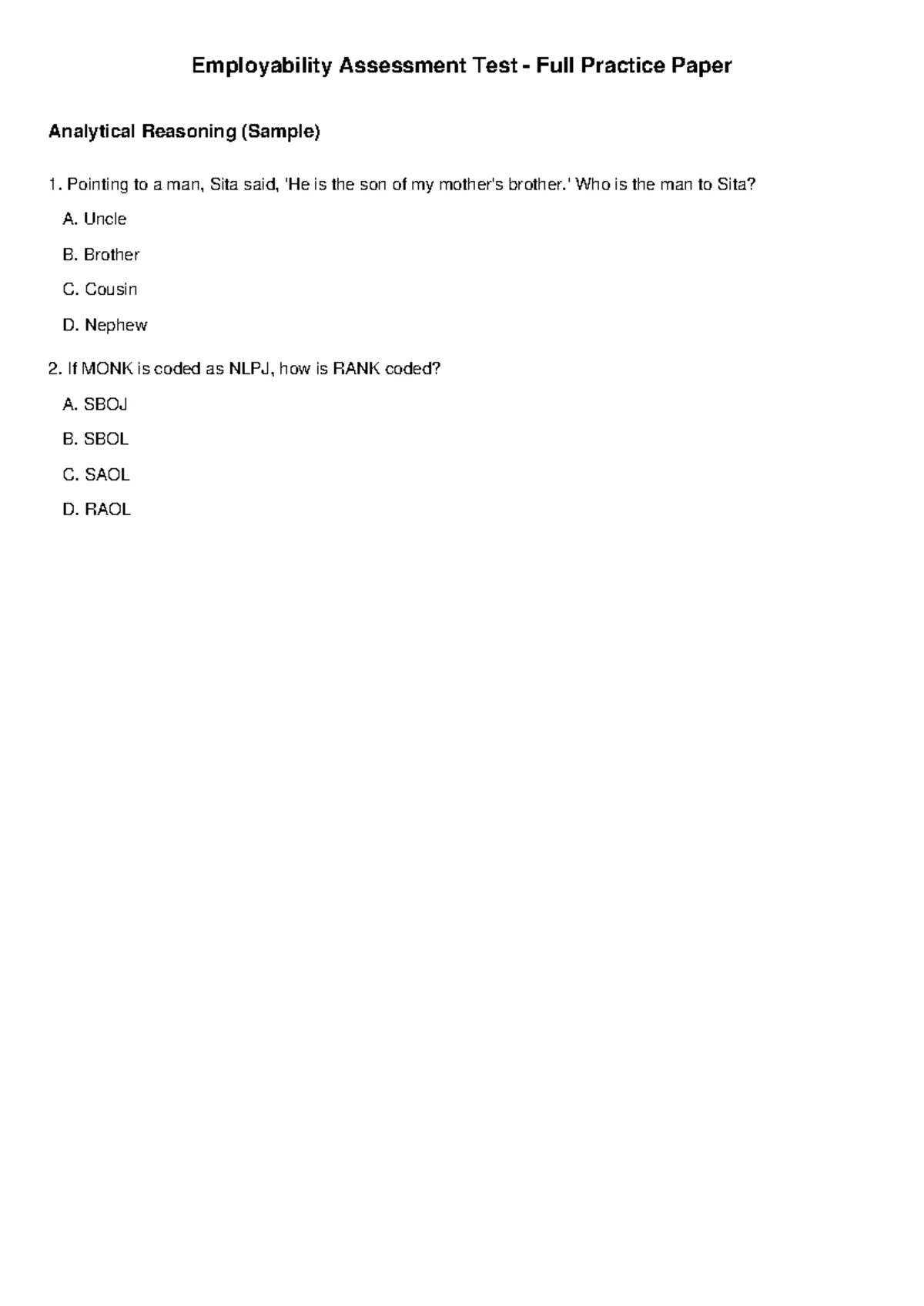 Employability Assessment Test Practice Questions (CSE AIML) - Studocu