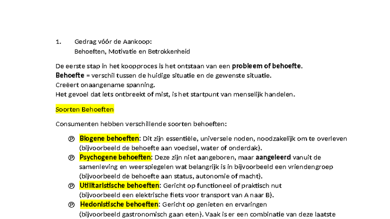 Consumentengedrag: Behoeften, Motivatie en Betrokkenheid (Deel 3) - Studocu