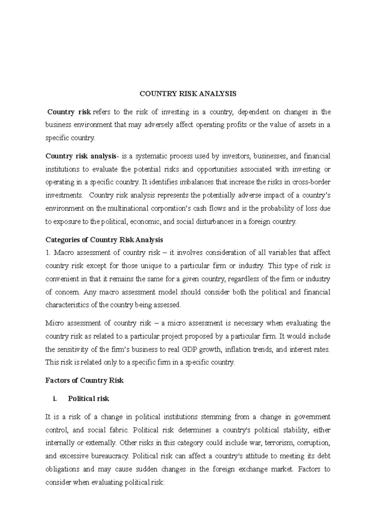 Country risk analysis - COUNTRY RISK ANALYSIS Country risk refers to ...