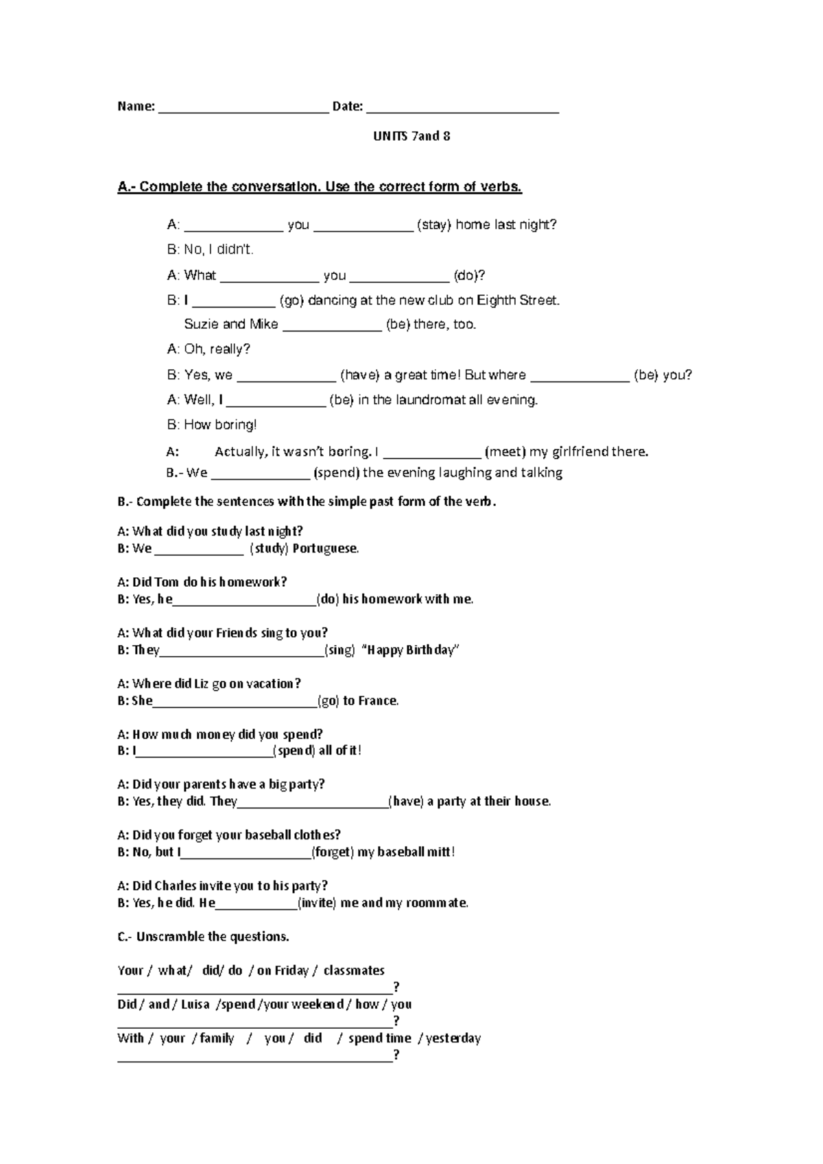 Review of LAST EXAM - Units 7 and 8 Conversation Practice - Studocu