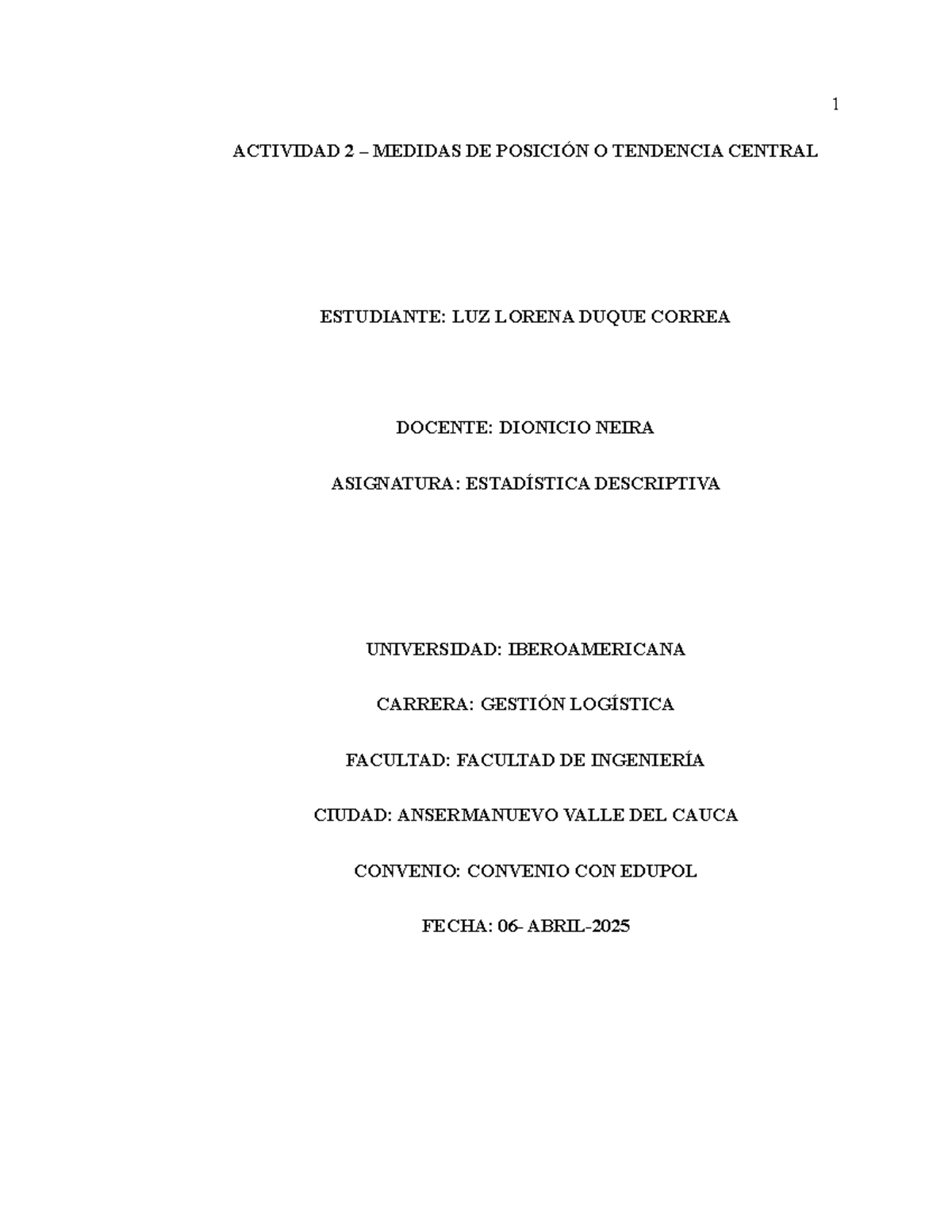 Actividad 2: Medidas de Posición y Tendencia Central - Estadística 2025 - Document Preview