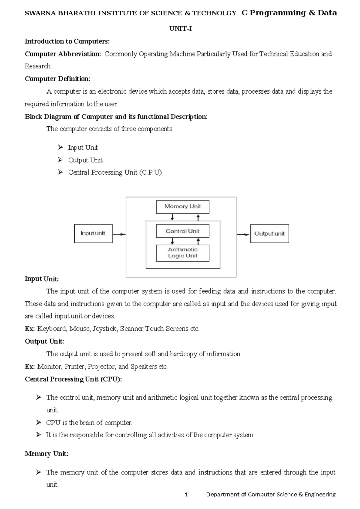 CSE 101: Introduction to Computers and Data Structures - Unit I Notes ...