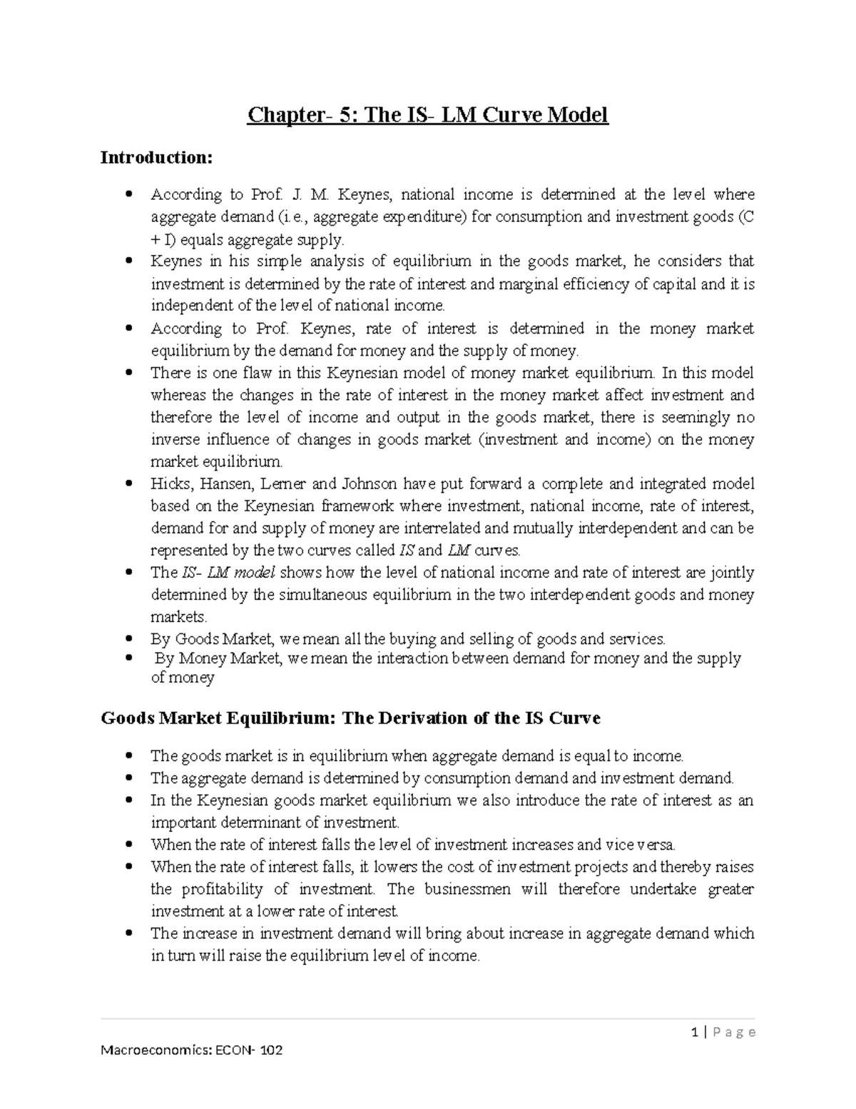 Chapter- 5 is- lm model econ- 102 1 0 - Chapter- 5: The IS- LM Curve ...