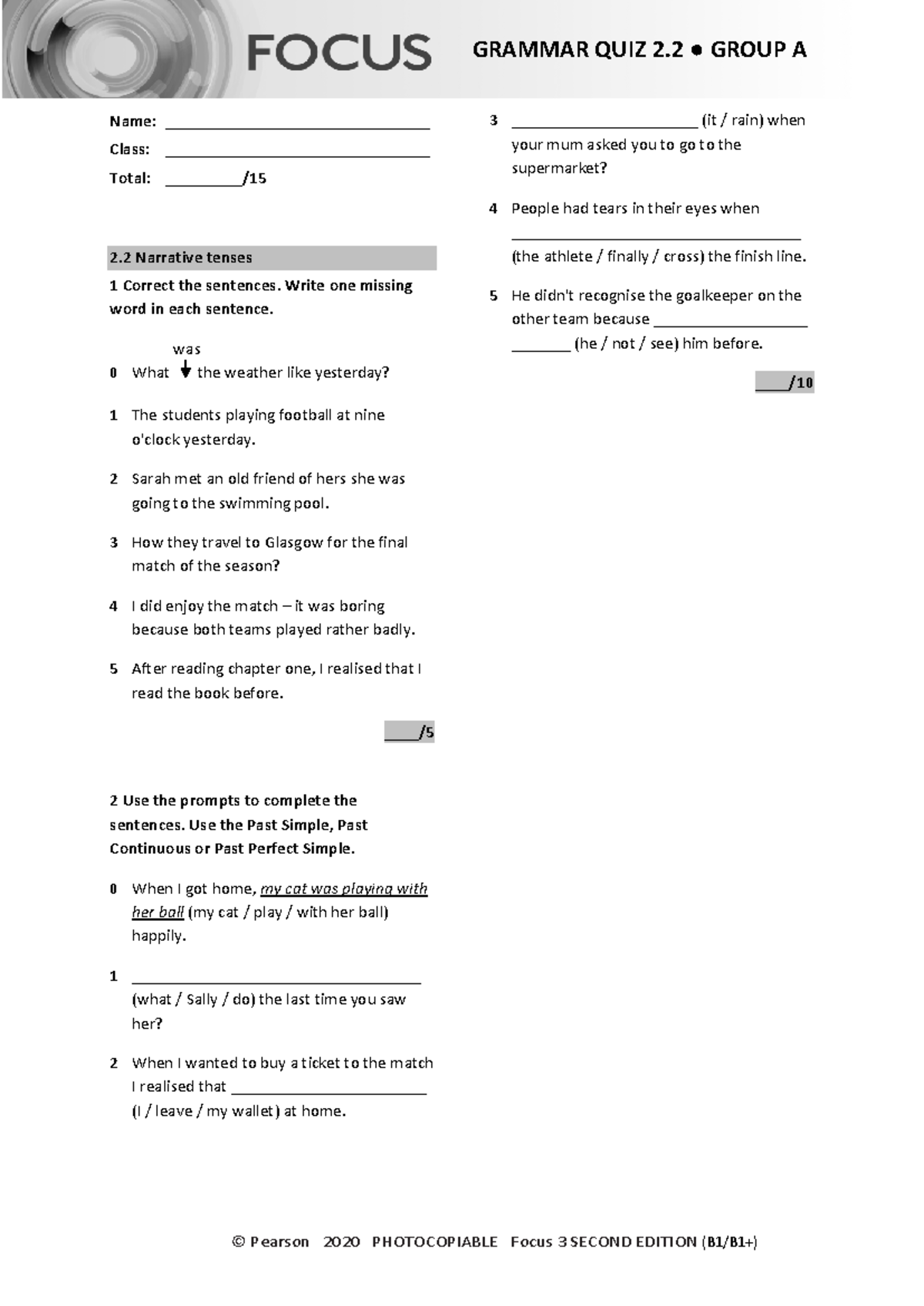 Focus 3 2E Grammar Quiz: Unit 2 - Group A Analysis - Studocu