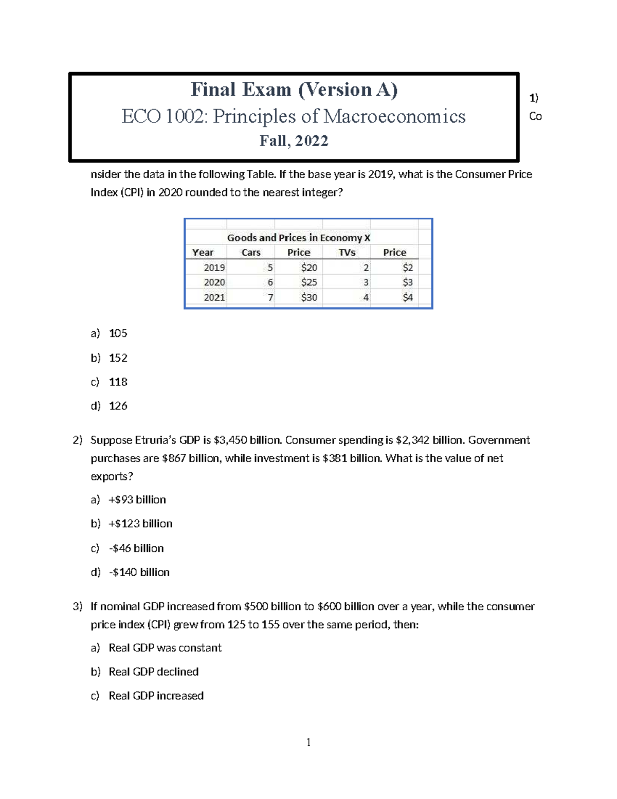 Final Exam Practice (Version A) ECO 1002: Principles of Macroeconomics ...