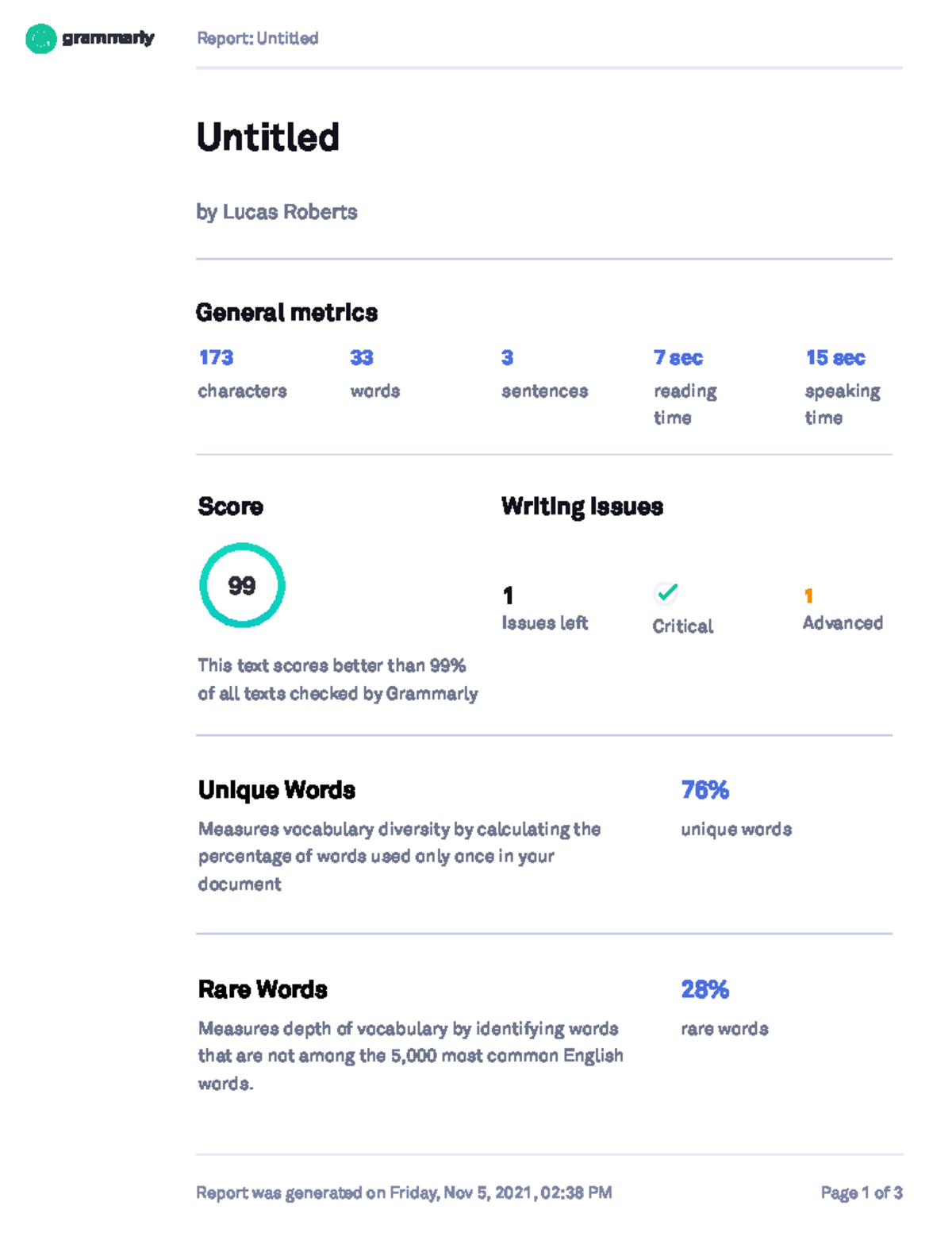 Report: General Metrics Analysis for Writing Quality - Studocu