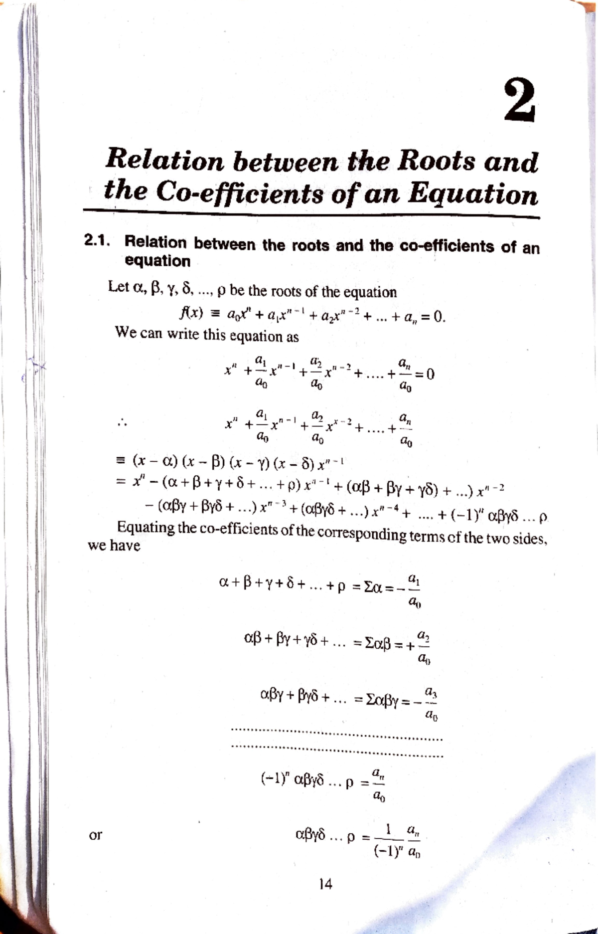 Algebraic Equations-, Relation between the roots and the coefficients ...