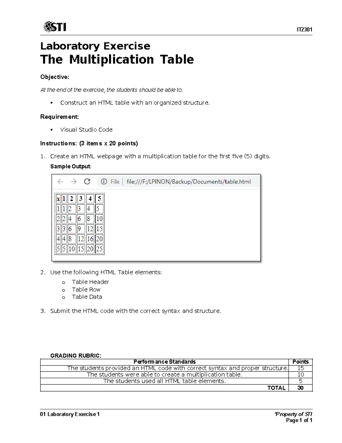 IT2301 Lab Exercise: Creating an HTML Multiplication Table - Studocu