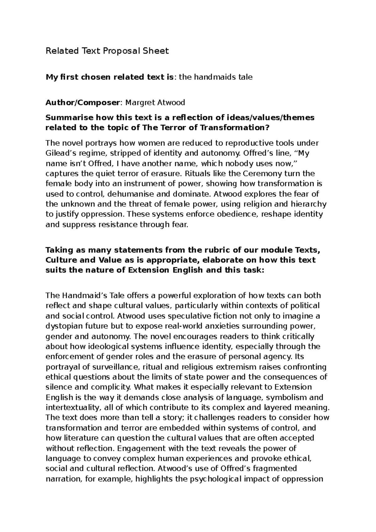 Related Text Proposal Sheet for Multimodal: The Handmaid's Tale ...